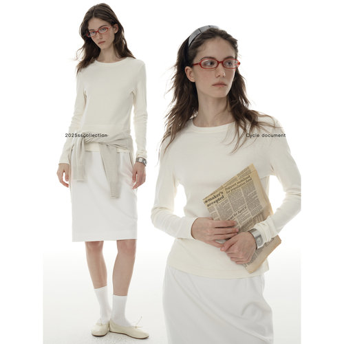 CycleDocument  强捻棉基础款仿真丝长袖T恤女春秋合身圆领打底衫 - 图0