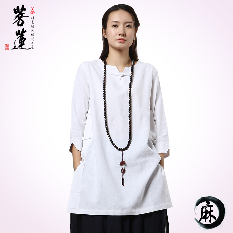 菩莲中国风T恤女复古汉服中式休闲唐装棉麻女款居士服茶禅服长衫 - 图1