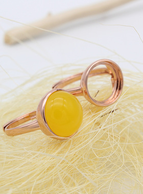 不退色镶嵌蜜蜡粉晶正圆戒指空托