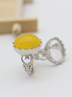 纯银镶嵌蜜蜡琥珀戒指空托