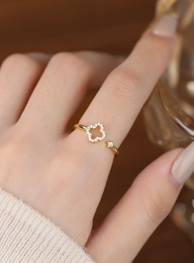 s925纯银高级镂空四叶草微镶满钻可调戒指2025新款设计感女款百搭