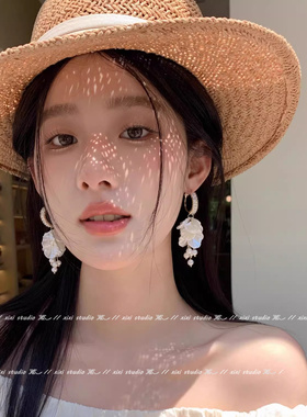 度假风长款贝壳花瓣珍珠耳环女小众设计独特高级感耳坠氛围感耳饰