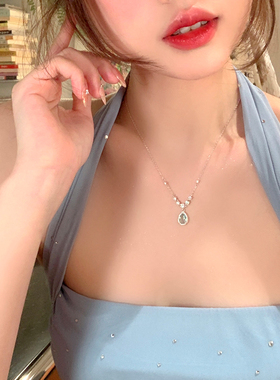 蓝色锆石人鱼之泪水滴项链女轻奢小众高级感锁骨链气质百搭配饰品