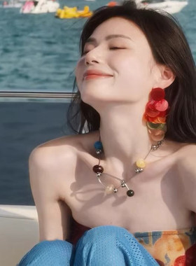 多巴胺长款彩色圆片流苏耳钉海边度假风夸张耳环女拍照出片耳饰品