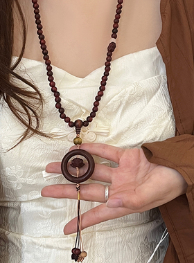 民族风长款红色莲花项链女新中式复古高级感毛衣链小众挂脖配饰品