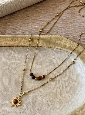 复古双层金色太阳花虎眼石项链女小众设计高级感叠戴锁骨链配饰品