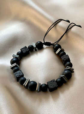黑色火山石圆珠手链女高级感可抽拉嘻哈手绳复古小众情侣手串配饰