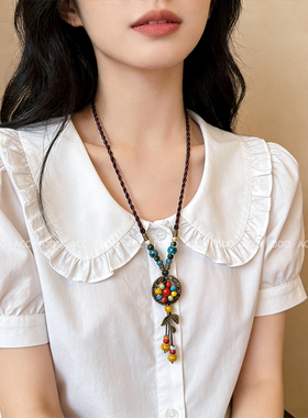 波西米亚民族风彩色陶瓷串珠项链女小众复古高级感长款挂脖配饰品