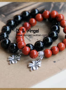 幸运草情侣手链天然红竹石影子石