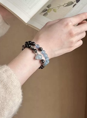 夜澜雨冰川海蓝宝黑曜石手链