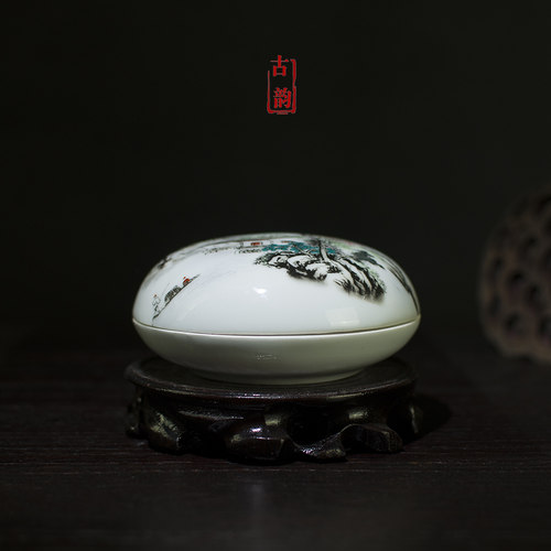 景德镇陶瓷印泥盒大码特大号山水仿古复古瓷缸篆刻印泥缸文房瓷盒 - 图2