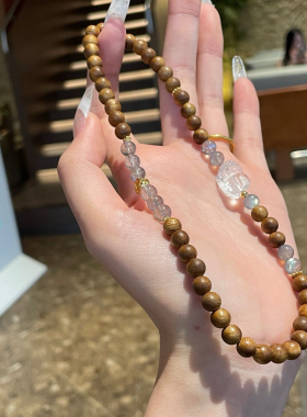 天然灰月光沉香木S925银白水晶貔貅招财转运百搭设计感手串送礼物