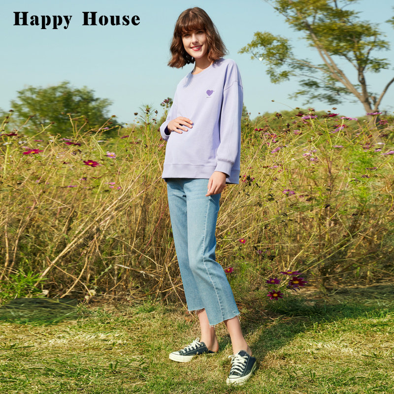 快乐屋孕妇微弹毛边八分宽松牛仔裤 快乐屋孕妇直筒裤