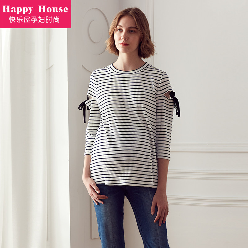快乐屋孕妇春装中长款圆领条纹外穿 快乐屋T恤