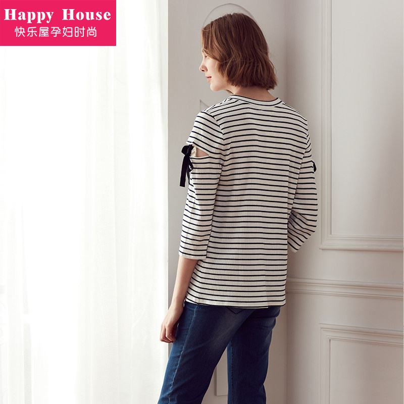快乐屋孕妇春装中长款圆领条纹外穿 快乐屋T恤
