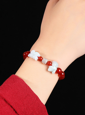 天然黑曜石生肖三合手链男女本命年2026马年红玛瑙鼠龙猴羊牛手串