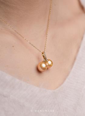 G HANDMADE 樱桃猫蛋蛋项链天然淡水金珠正圆浓金925纯银锁骨链