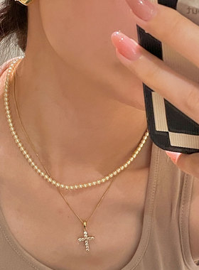 美过博主叠戴单戴十字锆石项链