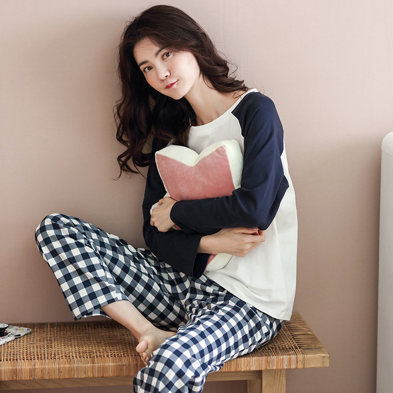 纯棉长袖可出门休闲可爱格子睡衣 造福鸟睡衣/家居服套装