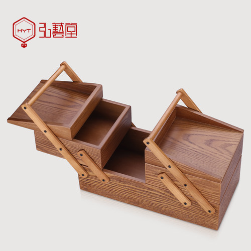 弘艺堂木质针线盒中古风复古手提项链首饰盒收纳盒子提篮收纳空盒 - 图3