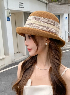 新款韩版夏季针织帽子女时尚气质显脸小礼帽户外旅游遮阳透气盆帽