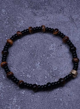 Pohier宝喜儿原创天然虎眼石黑玛瑙隔片简约百搭手链男女手串