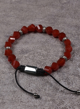 POHIER天然切面红玛瑙银珠手链