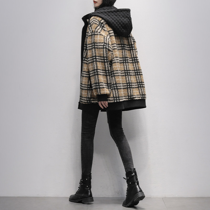 格子颗粒绒短外套2022春装羊剪绒 久拉拉短外套