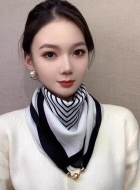磁吸扣棉麻小方巾丝巾女春秋百搭护颈领巾三角围巾新款保暖围脖女