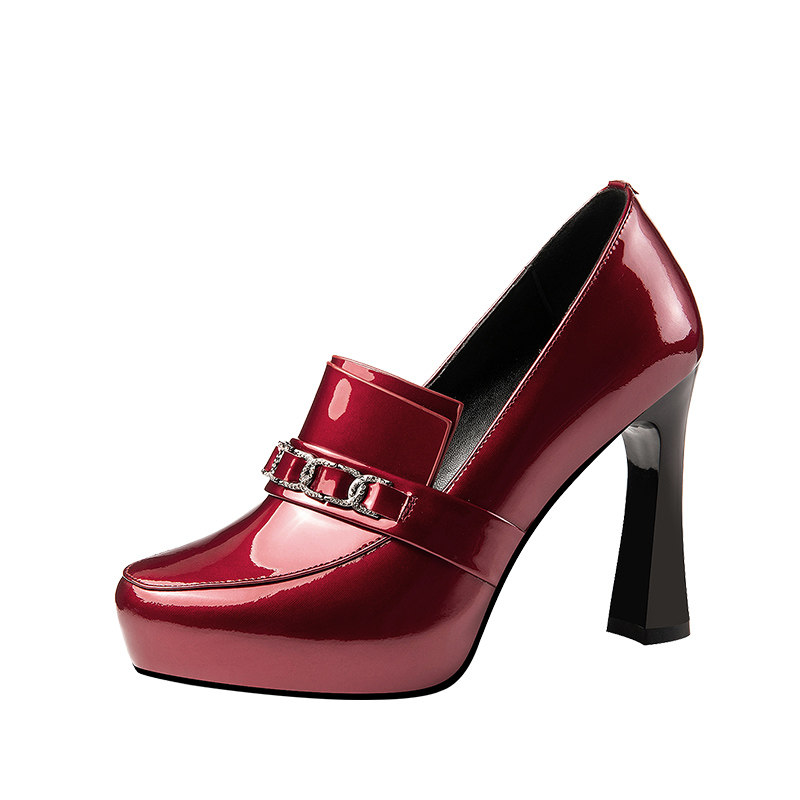 酒红色粗跟单鞋女漆皮2025年秋季新款深口职业真皮防水台高跟鞋,淘宝优惠券,粉丝福利购,淘宝优惠卷