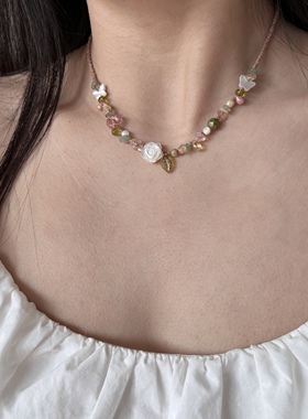 南西Handmade原创手作设计午后花园蝶贝玫瑰捷克珠锁骨链超仙礼物
