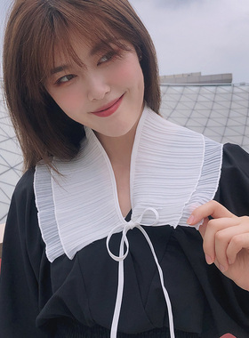 假领子女褶皱双层配饰春夏黑白色
