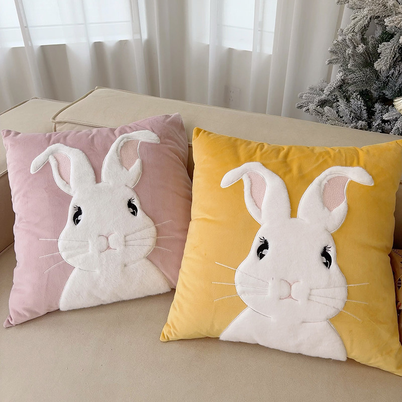 粉色毛绒兔子刺绣抱枕 公主风床头靠垫腰枕少女心靠枕套沙发抱枕,淘宝优惠券,粉丝福利购,淘宝优惠卷