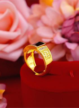 免税沙金指环金男款老板戒指宝石绿发戒大方镶嵌真金色戒子送爸爸