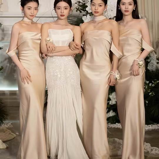 Champagne satin high-end bridesmaid dress