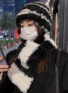 黑白色条纹帽子围巾套装女秋冬季