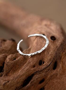 s925纯银时尚不规则褶皱纹理开口戒指女ins风个性精致锡纸纹指环