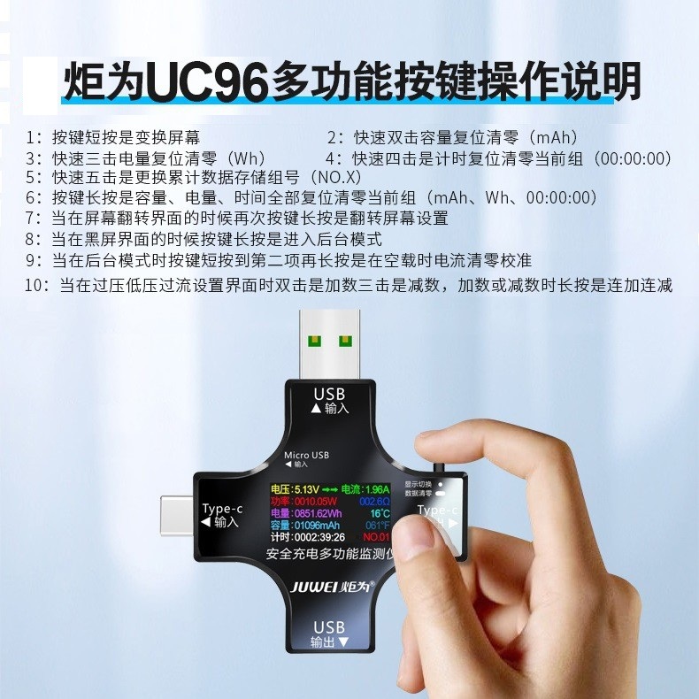 高档炬为Type-C QC PD快充协议USB电压电流表检测负载容量功率测