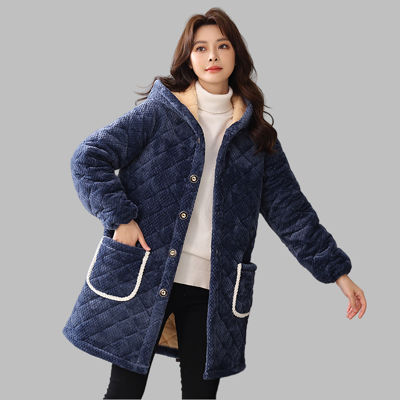 冬季三层加厚法兰绒夹棉加绒棉衣女士中长款连帽特厚家居服棉服女,淘宝优惠券,粉丝福利购,淘宝优惠卷