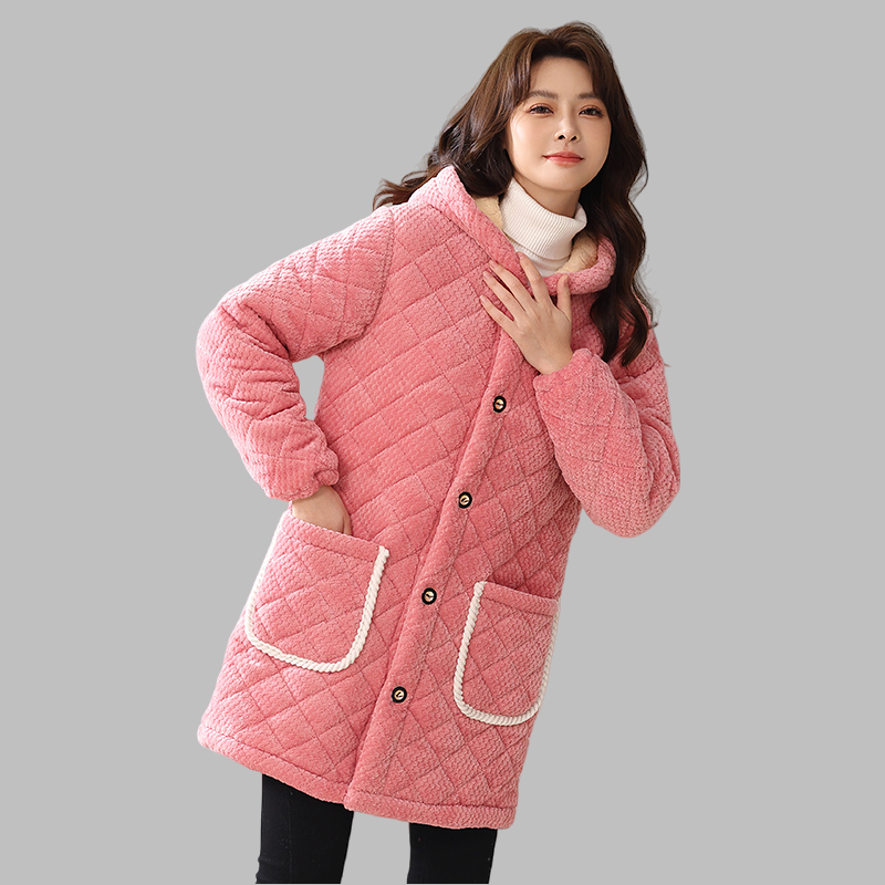 冬季三层加厚法兰绒夹棉加绒棉衣女士中长款连帽特厚家居服棉服女,淘宝优惠券,粉丝福利购,淘宝优惠卷