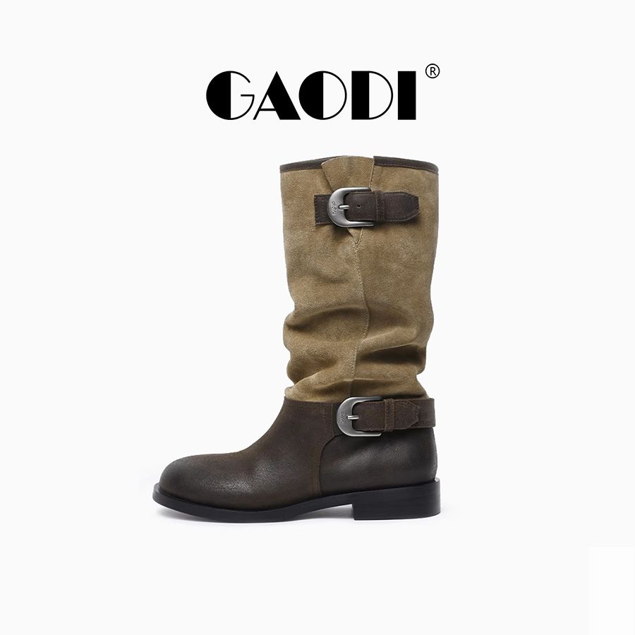 高蒂潮流复古美拉德拼接骑士靴女2025冬季新款套筒靴子长筒靴女 - 图0