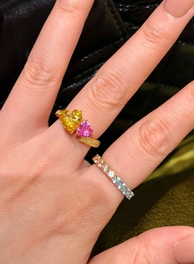 Young法式复古双爱心金黄钻红刚玉戒指轻奢少女色彩感叠戴指环女