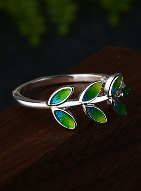 橄榄枝小清新树叶滴胶戒指银饰