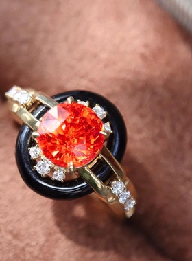 Young中古vintage芬达石戒指法式复古重工镀金黑玛瑙古董彩宝戒指