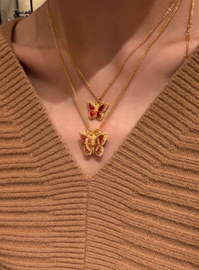 Young新中式复古花丝蝴蝶珐琅镶钻吊坠女宫廷风滴胶金色彩蝶项链
