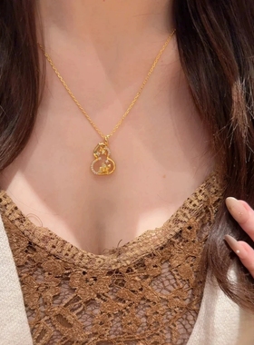 Young新中式拉丝葫芦项链吊坠女轻奢镶钻福禄耳环耳坠首饰套装女