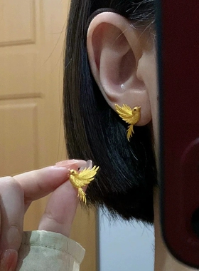 新中式复古飞鸟耳钉镀黄金国风时尚小众独特轻奢精致金色耳饰女潮