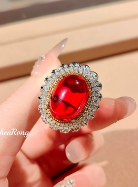 Young轻奢鸽血红宝石套装夸张鸽子蛋锆石吊坠女彩宝皇家蓝戒指女