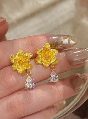 中古拉丝金色百合花水滴吊坠套装