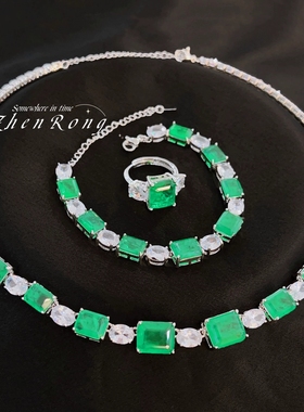 Young高定珠宝方钻带棉祖母绿项链女绿野仙踪套装彩宝绿钻手链女